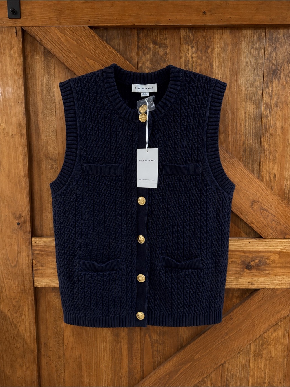 Sleeveless Knit Vest with Gold Buttons - Navy - Free Assembly
